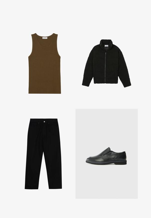 Juoda dirbtinė kailio striukė su aukštu apykakle, užtrauktuku, elastingomis rankovėmis ir siuvinėtu raštu. Su šoninėmis kišenėmis ir švelnia tekstūra.; Ribotu marškinėlį tamsiai alyvuogių spalvos, su apvalia iškirpte ir be rankovių dizainu, baigtomis kraštinėmis ir minkšta tekstūra.; Juoda džinsinė kelnė su tiesiu kirpimu, penkių kišenių dizainu ir priekiniais mygtukais. Lygus paviršius su minimaliu siuvimo detalėmis.; Juodai odiniai įtvirtinimo batai su lygiu paviršiumi, siuvinėjimo akcentais, apvalia nosimi ir žemu guminiu kulnu. Pado raštas minimalus.