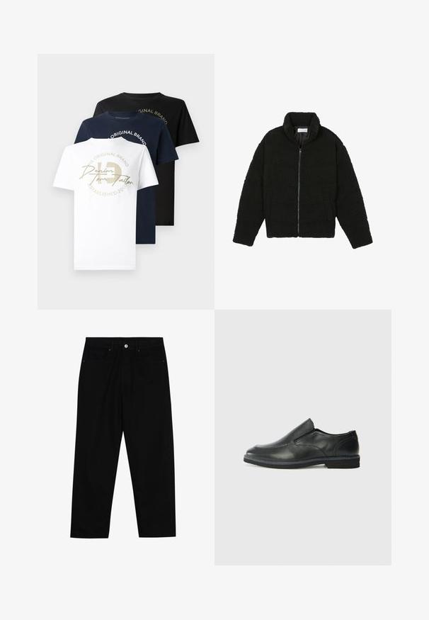 Svart fuskepelsjakke med høy krage, glidelås, elastiske mansjetter og quiltet design. Har sidelommer og en myk tekstur.; Tre crew-neck T-skjorter i hvit, marineblå og svart bomull, med en gyllen grafisk logo på den hvite skjorten og tekst i et sirkulært design.; Sorte denimbukser med rett benklipp, fem-lomme design og frontknappåpning. Jevn tekstur med minimale sømdetaljer.; Sorte skinn slip-on sko med en jevn overflate, stikking detaljer, rund tå og en lav gummihæl. Sålen har minimal mønstring.