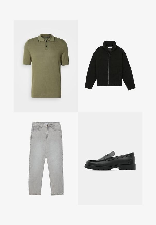 Zwarte faux fur jas met een hoge kraag, ritssluiting, elastische manchetten en een doorgestikt ontwerp. Beschikt over zijzakken en een zachte textuur.; Olijfgroen polo shirt met korte mouwen, voorzien van twee zwarte knopen en zwarte rand langs de kraag.; Lichtgrijze denimbroek met een recht model, vijfzakkenstijl en een knoopsluiting. Zichtbare stiksels langs de naden.; Zwarte leren instappers met een ronde neus, voorzien van een gestikt ontwerp, een lage platformzool en een gestructureerde, grof rubberen buitenzool.