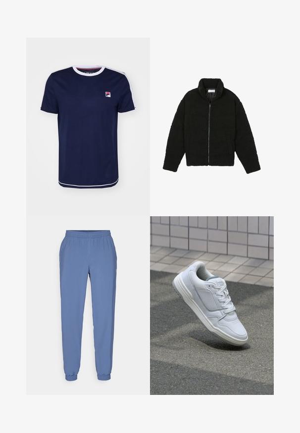 Črna jakna iz umetnega krzna z visokim ovratnikom, z zadrgo, elastičnimi manšetami in kviltanim dizajnom. Ima stranske žepke in mehak tekstur.; Mornarsko modra kratka majica s kratkimi rokavi z belim okroglim izrezy, ki ima rdeče in bele črtaste detajle na ramenih ter logotip na obližu.; Modre, lahke joggers hlače z elastičnim pasom in manšetami. Imajo gladko teksturo in majhen logotip ob strani.; Bela usnjena superga s perforiranimi stranicami, teksturiranimi detajli, ravnimi vezalkami in kontrastno sivo peto. Ima rahlo dvignjen podplat.