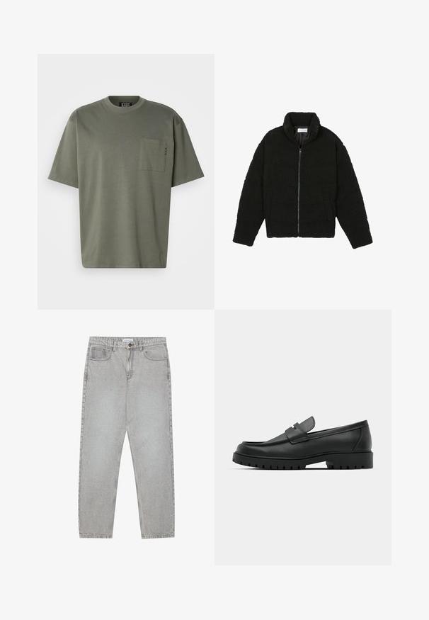 Černá umělá kožešinová bunda s vysokým límcem, zipovým uzávěrem, elastickými manžetami a prošívaným designem. Obsahuje postranní kapsy a jemnou texturu.; Olivově zelené bavlněné tričko s kulatým výstřihem, krátkými rukávy a náprsní kapsou s prošívanými detaily. Měkká textura, neformální design.; Světlé šedé džíny s rovnými nohavicemi, pět kapsami a knoflíkovým zapínáním. Viditelné švy podél švů.; Černé kožené mokasíny s kulatou špičkou, zdobené prošitím, s nízkou platformou a texturovanou gumovou podrážkou s drážkováním.