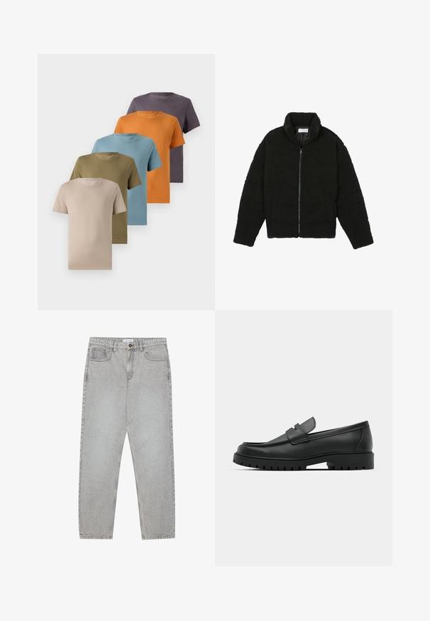 Juoda dirbtinė kailio striukė su aukštu apykakle, užtrauktuku, elastingomis rankovėmis ir siuvinėtu raštu. Su šoninėmis kišenėmis ir švelnia tekstūra.; Penki apvalios kaklo marškinėliai rodomi vienoje eilėje, kurie yra smėlinės, alyvuogių žalios, šviesiai mėlynos, oranžinės ir tamsiai violetinės spalvų. Lygus audinio paviršius.; Šviesiai pilki džinsai su tiesiu kirpimu, penkiais kišenėmis ir mygtuko uždarymu. Matoma siuvimo linija palei siūles.; Juodi odiniai loaferiai su apvalia nosimi, su siuvinėtu dizainu, žemu platformos padu ir tekstūruotu, sukibimo raštu padu.