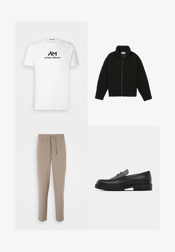 Čierna umelá kožušinová bunda s vysokým golierom, zipsom, elastickými manžetami a prešívaným dizajnom. Má bočné vrecká a jemnú textúru.; Biela bavlnená tričko s čiernym logom, na ktorom sú vyžehlené písmená "AM" a pod logom je centrálne vytlačený nápis "ANTONY MORATO".; Svetlo béžové nohavice s elastickým pásom, nastaviteľnou šnúrkou a zúženými nohavicami. Tkanina vyzerá hladko s jemným leskom.; Čierne kožené mokasíny s okrúhlou špičkou, s prešitým dizajnom, nízkou platformou a textúrovanou, zúbkovanou gumovou podrážkou.