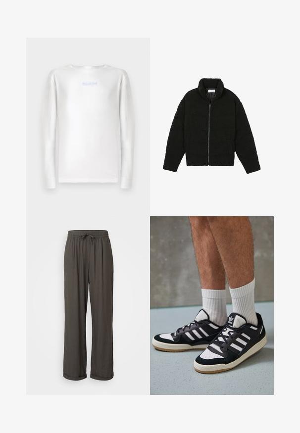 Čierna umelá kožušinová bunda s vysokým golierom, zipsom, elastickými manžetami a prešívaným dizajnom. Má bočné vrecká a jemnú textúru.; TOM TAILOR DENIM Top s dlhým rukávom - white; Tmavošedé nohavice s voľným strihom a šnúrkou v páse, vyrobené z mäkkej, textúrovanej tkaniny, s rolovanými manžetami na členkoch.; Čierno-biele tenisky s vrchom z semišu a kože, s troma bielymi pruhmi, perforovanou špičkou a gumovou podrážkou.