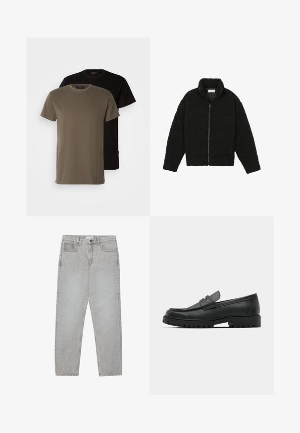 Melnā mākslīgā kažokādas jaka ar augstu apkakli, ar rāvējslēdzēju, elastīgām piedurknēm un kvadrātveida šuvēm. Iespējotas sānu kabatas un mīksta tekstūra.; Divas īsām piedurknēm t-krekli tumši olīvzaļā un melnā krāsā, ar apaļiem kakla izgriezumiem un gludu kokvilnas tekstūru.; Gai pelēko džinsu bikses ar taisnajām kājām, piecu kabatu stilu un pogu aizdari. Redzama šuvju apstrāde gar šuvēm.; Melnas ādas loafers ar noapaļotu purngalu, ar izšūtu dizainu, zemu platformas zoli un teksturētu, rievotu gumijas ārējo zoli.