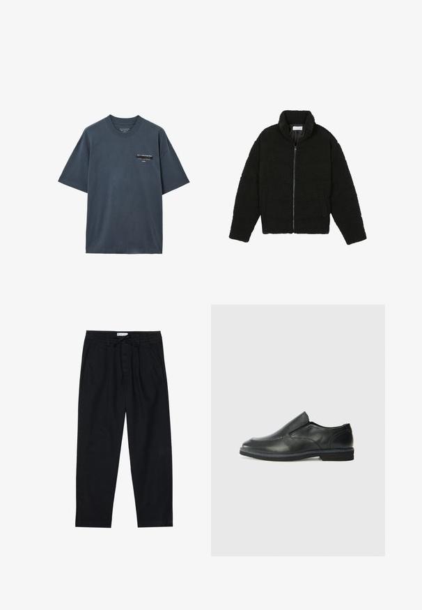 Must must karusnahast jakk kõrge kraega, lukuga sulgemine, elastsed varrukad ja tikandmuster. Omab küljetaskuid ja pehmet tekstuuri.; Tumehall lühikese varrukaga crewneck T-särk, millel on väike valge ja must AllSaints logo ning tekst vasakul ülaosas rinnal.; Pier One Chino-püksid - black; Must musta laia suuga king, millel on sile ülemine osa, õmmeldud detailid, ümmargune nina ja madal kummist konts. Tallal on minimaalne mustr.