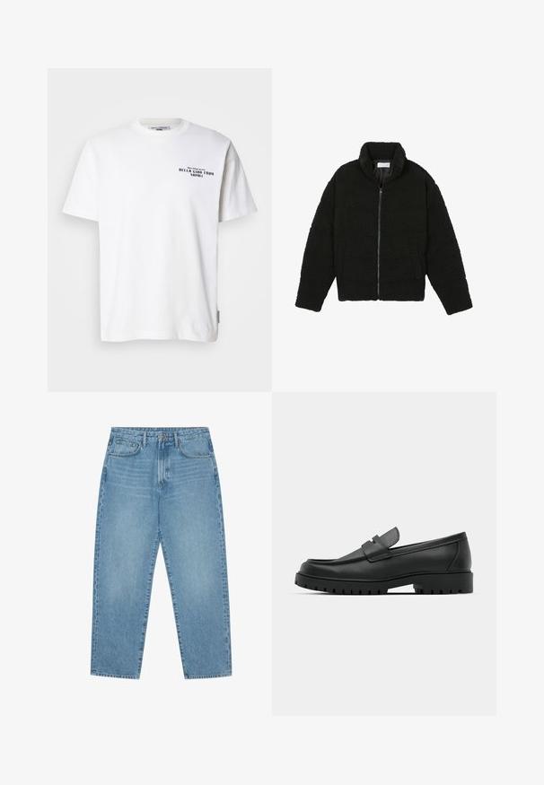 Musta tekokarvalehtijakku korkean kauluksen, vetoketjun, joustavat hihansuut ja tilkkutäkkikuvion. Sisältää sivutaskut ja pehmeän pinnan.; Valkoinen puuvillainen t-paita lyhyillä hihoilla, pyöreällä kauluksella, jossa on musta teksti "BELLA CIAO FROM NAPOLI" ja brändilogo sivussa.; Vaaleansiniset leveälahkeiset farkut korkealla vyötäröllä, joissa on viisi taskua, vyölenkit ja pehmeä, hieman haalistunut pinta.; Musta nahkaloafers, joissa on pyöreä kärki, ommeltu pinta, matala alusta ja kuvioitu, kuminen ulkopohja.