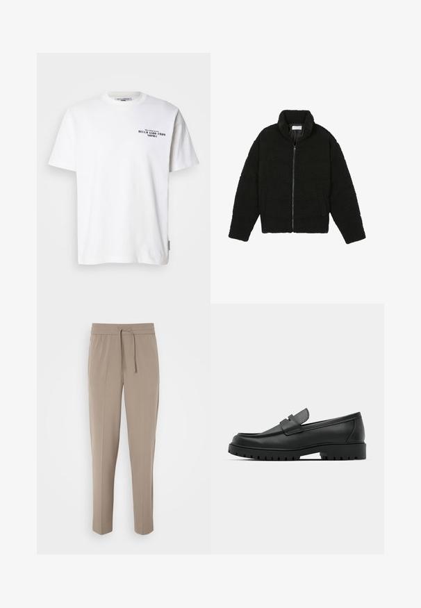 Chaqueta de pelaje sintético negro con cuello alto, cierre de cremallera, puños elásticos y un diseño acolchado. Cuenta con bolsillos laterales y una textura suave.; Camiseta de algodón blanca con mangas cortas y cuello redondo, que presenta un texto en negro que dice "BELLA CIAO FROM NAPOLI" y una etiqueta de la marca en el lado.; Pantalones beige claros con cinturilla elástica, cordón ajustable y perneras estrechas. La tela parece suave con un ligero brillo.; Mocasines de cuero negro con punta redonda, que cuentan con un diseño cosido, suela de plataforma baja y una suela de goma texturada y con tacos.