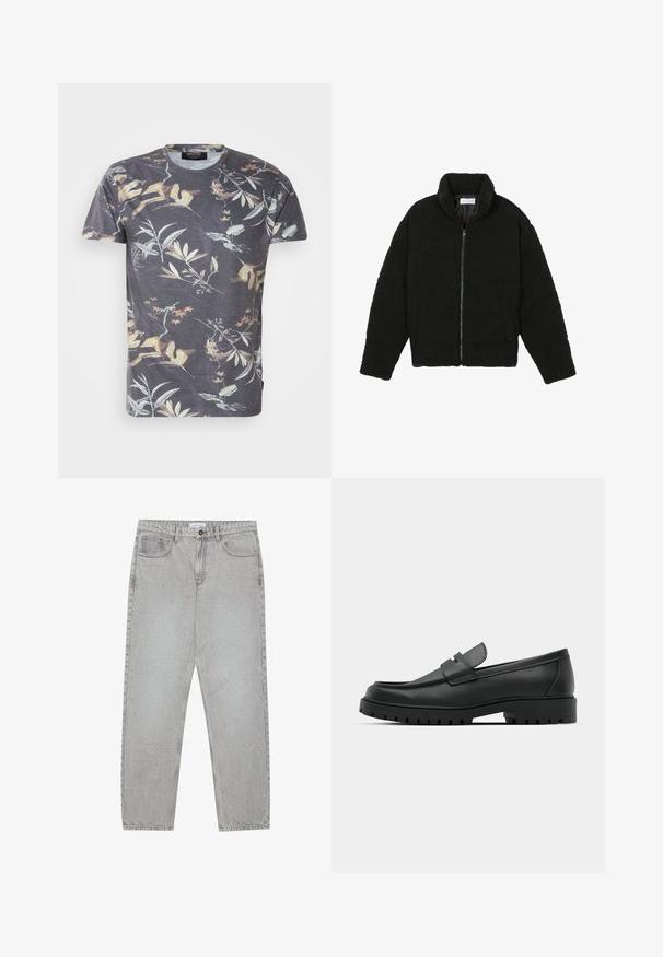 Casaco de pelo sintético preto com gola alta, fecho de zip, punhos elásticos e um design acolchoado. Apresenta bolsos laterais e uma textura suave.; T-shirt de manga curta em cinza-escuro com uma estampa botânica multicolorida, apresentando folhas e ramos, gola redonda e ajuste standard.; Calças de ganga cinza claro com um design de perna reta, estilo de cinco bolsos e fecho com botão. Costura visível ao longo das costuras.; Sapatilhas de couro preto com bico arredondado, apresentando um design cosido, sola de plataforma baixa e um solado de borracha texturizado e com cravos.