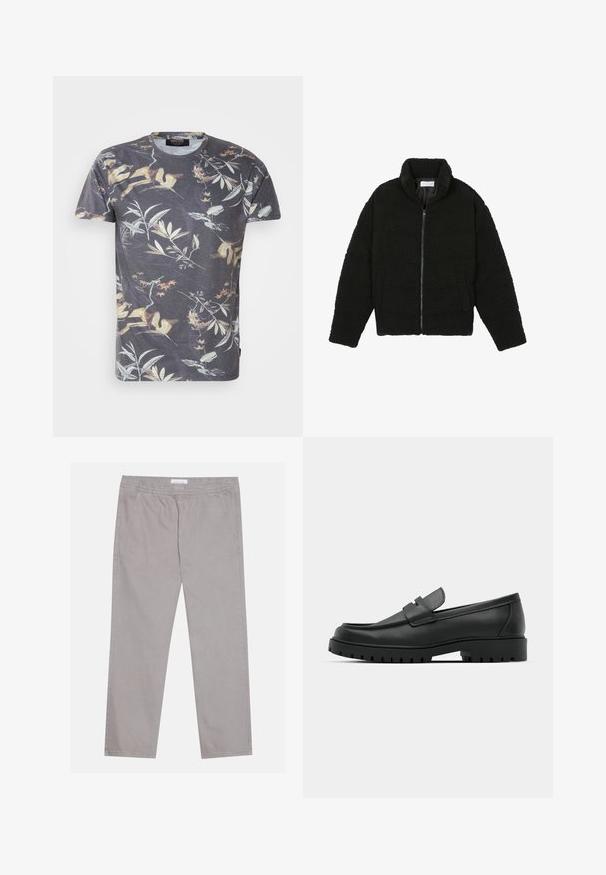 Črna jakna iz umetnega krzna z visokim ovratnikom, z zadrgo, elastičnimi manšetami in kviltanim dizajnom. Ima stranske žepke in mehak tekstur.; Kratka majica s kratkimi rokavi v temno sivi barvi z večbarvnim botaničnim motivom, ki vsebuje liste in veje, okroglim izrezom in standardnim krojem.; Svjetlosive pamučne hlače s elastičnom pogačicom, dva bočna džepa, ravni kroj nogavica i glatka tekstura. Jednostavni detalj šivanja.; Črne usnjene loafers čevlje z zaobljenim nosom, ki imajo šivano zasnovo, nizko platformo in teksturiran, profiliran gumijast podplat.