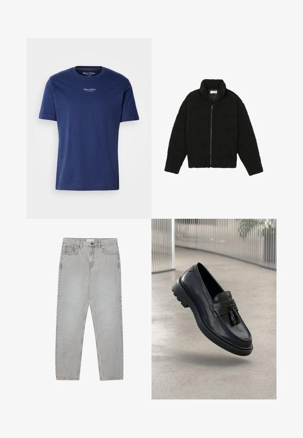 Jachetă din blană sintetică neagră, cu guler înalt, închidere cu fermoar, manșete elastice și un design matlasat. Dispune de buzunare laterale și o textură moale.; Tricou din bumbac de culoare albastru marin, cu mâneci scurte, decolteu rotund și un mic logo alb pe piept. Textură netedă și croială lejeră.; Pantaloni din denim gri deschis cu un design cu picioare drepte, stil cu cinci buzunare și închidere cu nasture. Cusături vizibile de-a lungul cusăturilor.; Mocasini negri din piele cu finisaj neted, ciucure decorativ, talpă groasă din cauciuc și accente cusute. Design ușor și elegant.