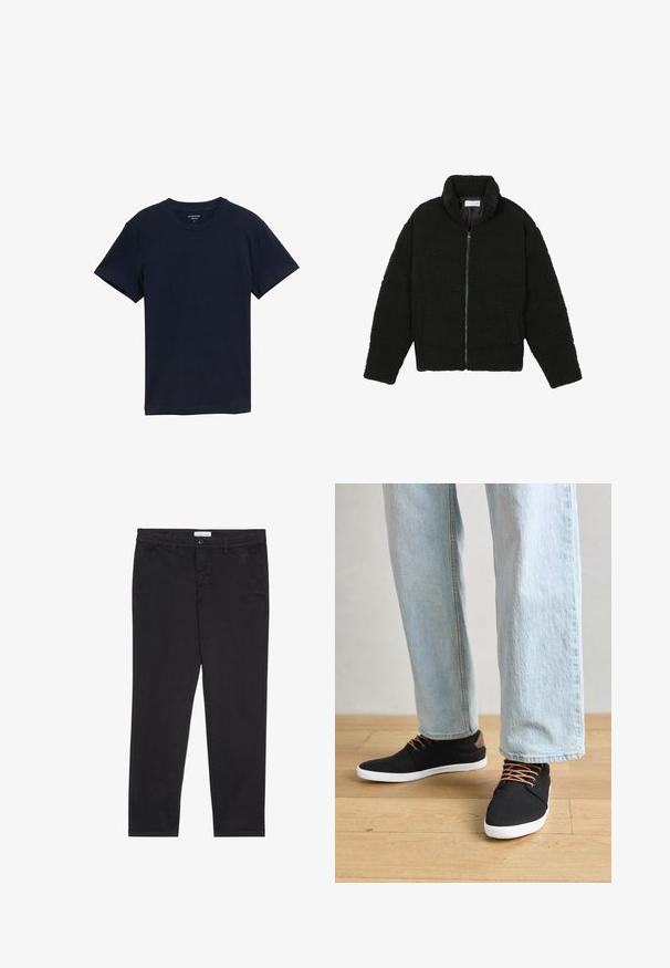 Černá umělá kožešinová bunda s vysokým límcem, zipovým uzávěrem, elastickými manžetami a prošívaným designem. Obsahuje postranní kapsy a jemnou texturu.; Námořnická modrá bavlněná tričko, krátké rukávy, kulatý výstřih, hladká textura, jednoduchý design, bez vzorů nebo akcentů, rovný lem.; Černé bavlněné kalhoty s úzkým střihem, které mají dvě boční kapsy a přední zapínání na knoflík. Texturovaná tkanina s jemnými detaily.; Černé plátěné tenisky s hnědými detaily, bílé gumové podrážky a hnědé tkaničky, v kombinaci s světle modrými džíny rovného střihu. Pozadí tvoří dřevěná podlaha.