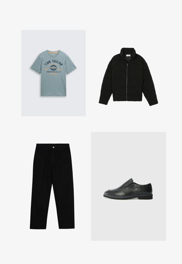 Svart fuskepelsjakke med høy krage, glidelås, elastiske mansjetter og quiltet design. Har sidelommer og en myk tekstur.; Lys blå bomull t-skjorte med korte ermer. Har grafisk tekst i mørk blått og oransje: "TOM TAILOR" og "PREMIUM QUALITY." Enkel rund halslinning.; Sorte denimbukser med rett benklipp, fem-lomme design og frontknappåpning. Jevn tekstur med minimale sømdetaljer.; Sorte skinn slip-on sko med en jevn overflate, stikking detaljer, rund tå og en lav gummihæl. Sålen har minimal mønstring.