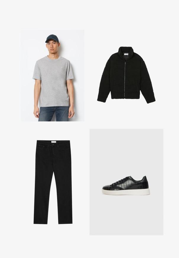 Juoda dirbtinė kailio striukė su aukštu apykakle, užtrauktuku, elastingomis rankovėmis ir siuvinėtu raštu. Su šoninėmis kišenėmis ir švelnia tekstūra.; Pilkas medvilninis marškinėlis su trumpomis rankovėmis ir apvaliu kaklu, derinamas su tamsiai mėlynomis džinsomis ir derančiu kepurėliu su logotipu priekyje.; Juodos tiesios kojų džinsai su penkių kišenių dizainu, mygtuko ir užtrauktuko uždarymu bei "Pier One" prekės ženklo etikete ant juosmens.; Juodi sportiniai batai su tekstūruotu krokodilo odos pamušalu, apvalia kojų dalimi ir kontrastinga balta guma su lygiu paviršiumi.