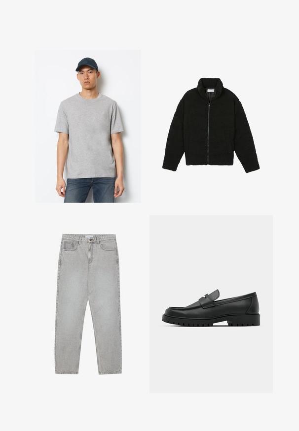 Černá umělá kožešinová bunda s vysokým límcem, zipovým uzávěrem, elastickými manžetami a prošívaným designem. Obsahuje postranní kapsy a jemnou texturu.; Šedé bavlněné tričko s krátkým rukávem a kulatým výstřihem, v kombinaci s tmavě modrými džíny a ladící čepicí s logem na přední straně.; Světlé šedé džíny s rovnými nohavicemi, pět kapsami a knoflíkovým zapínáním. Viditelné švy podél švů.; Černé kožené mokasíny s kulatou špičkou, zdobené prošitím, s nízkou platformou a texturovanou gumovou podrážkou s drážkováním.