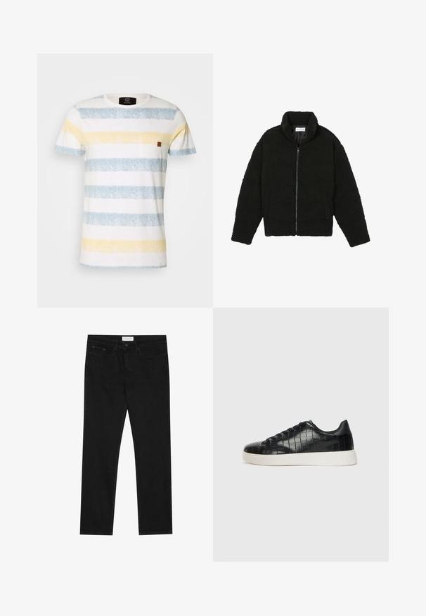 Casaco de pelo sintético preto com gola alta, fecho de zip, punhos elásticos e um design acolchoado. Apresenta bolsos laterais e uma textura suave.; T-shirt de algodão riscada com faixas horizontais em azul claro, amarelo e branco. Inclui um pequeno detalhe em pele castanha no bolso do peito.; Jeans pretos de perna reta com design de cinco bolsos, fecho com botão e zíper, e uma etiqueta da marca Pier One na cintura.; Tênis pretos com cabedal em couro texturizado com relevo de crocodilo, bico arredondado e sola de borracha branca em contraste, com acabamento suave.