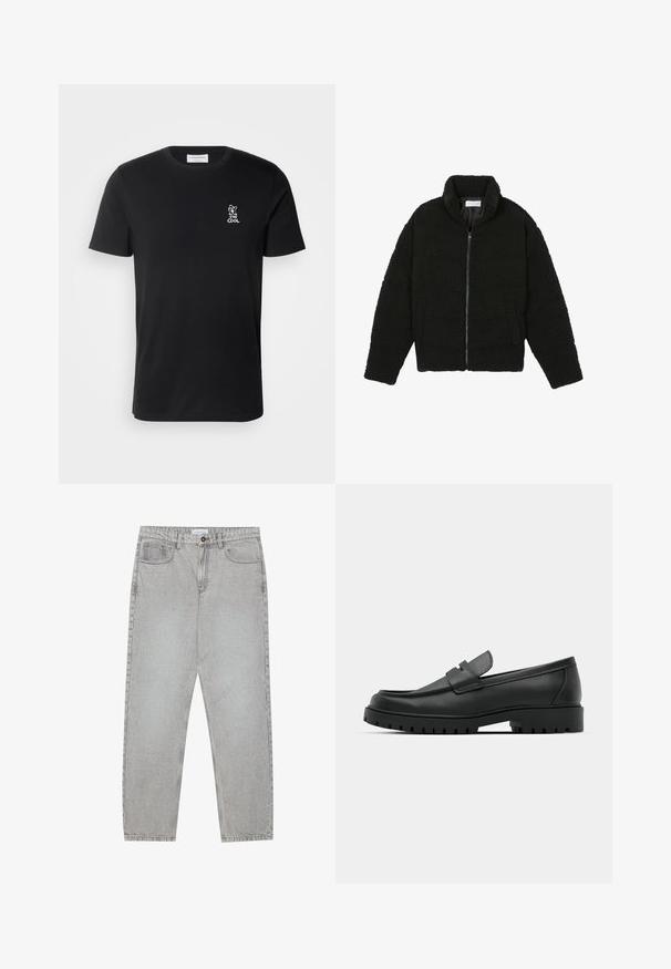Casaco de pelo sintético preto com gola alta, fecho de zip, punhos elásticos e um design acolchoado. Apresenta bolsos laterais e uma textura suave.; Lindbergh EMBROIDERY TEE - T-shirt estampada - space black; Calças de ganga cinza claro com um design de perna reta, estilo de cinco bolsos e fecho com botão. Costura visível ao longo das costuras.; Sapatilhas de couro preto com bico arredondado, apresentando um design cosido, sola de plataforma baixa e um solado de borracha texturizado e com cravos.