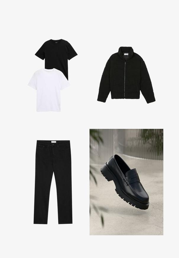 Veste en fausse fourrure noire avec un col haut, fermeture éclair, poignets élastiques et un design matelassé. Elle possède des poches latérales et une texture douce.; T-shirts à manches courtes en coton noir et blanc, avec un col rond et une texture douce. Les deux chemises sont affichées empilées.; Jean droit noir avec un design à cinq poches, fermeture à bouton et zip, et une étiquette de marque Pier One sur la taille.; Mocassins en cuir noir avec une semelle à crampons épaisse, dotés d'une sangle décorative et de détails de couture. Texture lisse avec une finition polie.