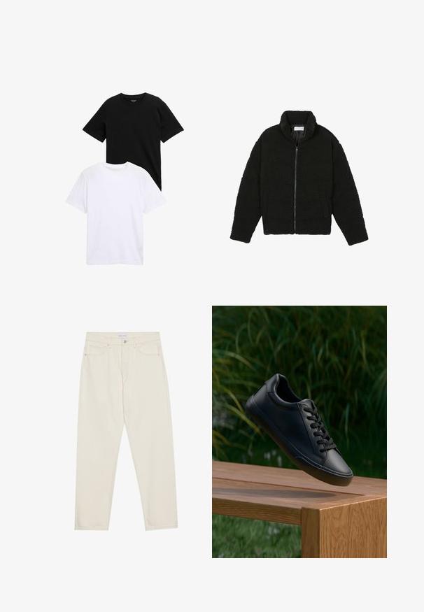 Črna jakna iz umetnega krzna z visokim ovratnikom, z zadrgo, elastičnimi manšetami in kviltanim dizajnom. Ima stranske žepke in mehak tekstur.; Kratke majice s kratkimi rokavi v črni in beli barvi iz bombaža, z ovratnikom v krogu in gladko teksturo. Obe majici sta prikazani položeni ena na drugo.; Beige jeans iz denima s ravnim krojem, ki ima pet žepov, gumbasto zapiranje in subtilne podrobnosti pri šivanju. Gladka tekstura.; Črne usnjene superge z gladko teksturo, okroglo špicasto konico in ravnimi vezalkami, postavljene nad leseno površino z zeleno travo v ozadju.