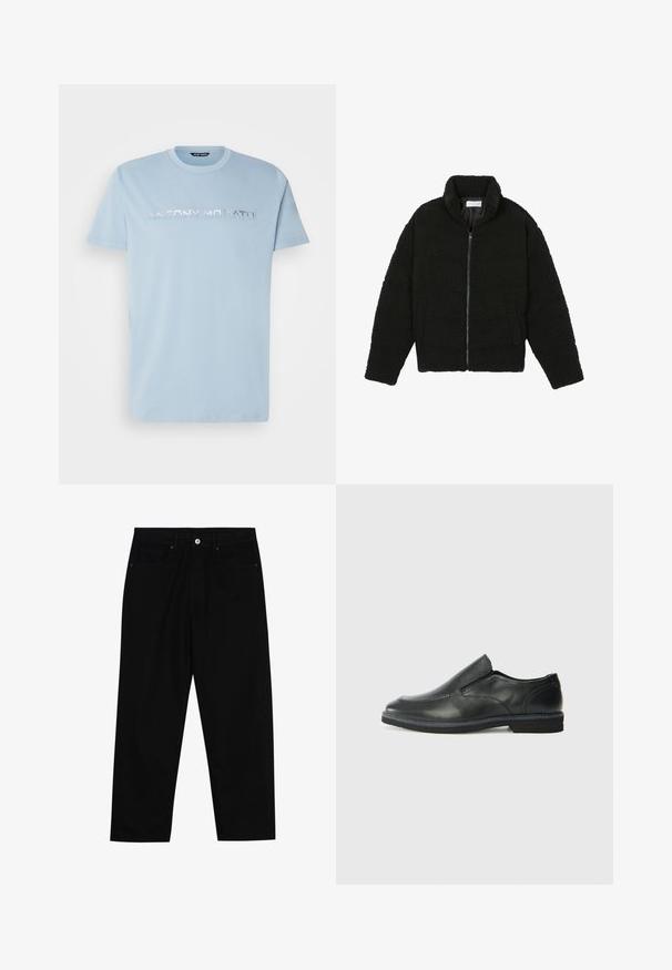 Zwarte faux fur jas met een hoge kraag, ritssluiting, elastische manchetten en een doorgestikt ontwerp. Beschikt over zijzakken en een zachte textuur.; Lichtblauwe katoenen t-shirt met korte mouwen, voorzien van een zilveren logo "ANTONY MORATO" over de borst in een vet, modern lettertype.; Zwarte denim broek met een recht gesneden pasvorm, vijf gebruikersvriendelijke zakken en een sluiting met een knoop aan de voorkant. Soepele textuur met minimale stikdetails.; Zwarte leren instapper met een soepele bovenkant, gestikte accenten, ronde neus en een lage rubberen hak. De zool heeft minimale profiel.