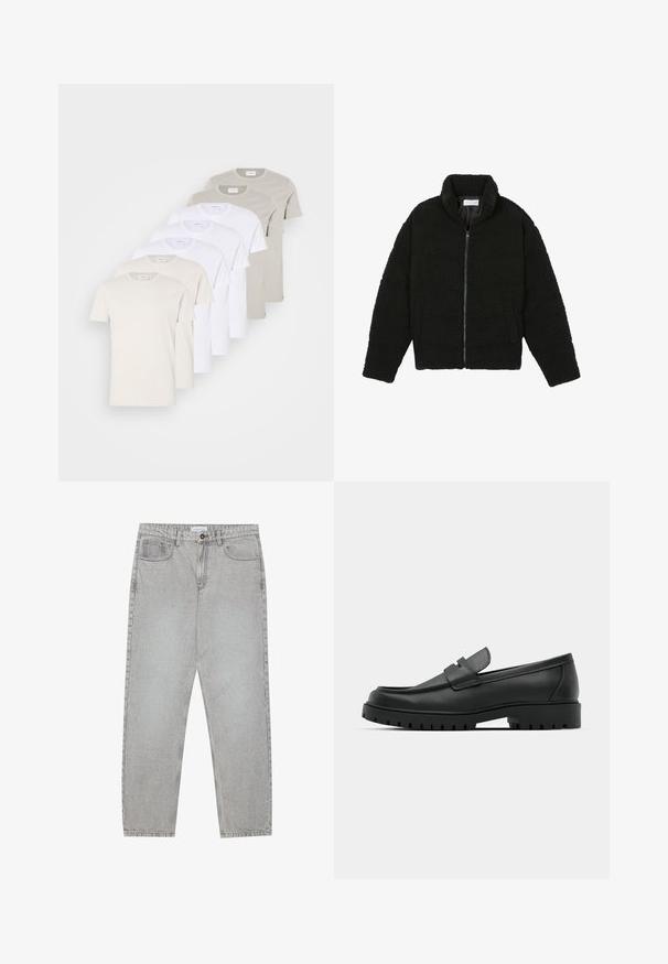 Black faux fur jacket with a high collar, zip closure, elastic cuffs, and a quilted design. Features side pockets and a soft texture.; Set of six cotton t-shirts in white, beige, and light grey. Classic round neck, short sleeves, slightly relaxed fit, label at neck.; Light grey denim pants with a straight-leg design, five-pocket styling, and a button closure. Visible stitching along the seams.; Black leather loafers with a rounded toe, featuring a stitched design, low platform sole, and a textured, lugged rubber outsole.