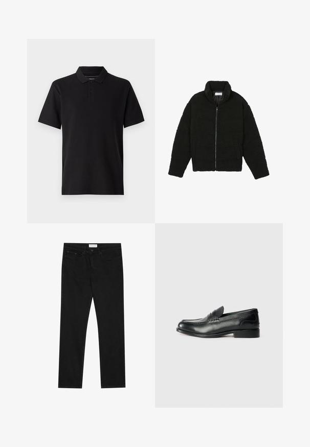 Jachetă din blană sintetică neagră, cu guler înalt, închidere cu fermoar, manșete elastice și un design matlasat. Dispune de buzunare laterale și o textură moale.; Cămașă polo neagră din bumbac, cu mâneci scurte, guler clasic și închidere cu trei butoane. Material texturat cu o finisare netedă.; Jeans negri cu croială drept, cu cinci buzunare, închidere cu nasture și fermoar, și etichetă de marcă Pier One pe talie.; Mocasini negri din piele cu un finisaj neted, detalii cusute pe partea de sus și un toc ușor ridicat.