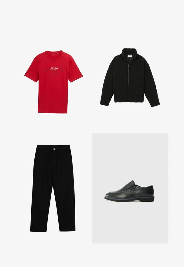 Musta tekokarvalehtijakku korkean kauluksen, vetoketjun, joustavat hihansuut ja tilkkutäkkikuvion. Sisältää sivutaskut ja pehmeän pinnan.; Punainen puuvillapaita lyhyillä hihoilla, pyöreä pääntie, jossa on valkoista ja tummansinistä painettua tekstiä edessä, ilman näkyviä koristeluja.; Mustat farkut suoraan lahkeella, viisi taskua ja etunappikiinnitys. Sileä rakenne, jossa on vain vähäisiä ompelualueita.; Musta nahkainen liukujalkine, jossa on sileä pinta, ommeltuja yksityiskohtia, pyöristetty kärki ja matala kumipohja. Pohjassa on minimaalinen pito.