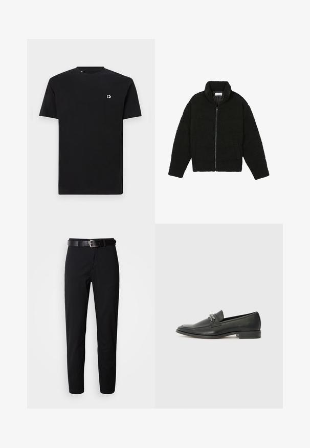 Črna jakna iz umetnega krzna z visokim ovratnikom, z zadrgo, elastičnimi manšetami in kviltanim dizajnom. Ima stranske žepke in mehak tekstur.; Črna bombažna majica s kratkimi rokavi, okroglo izrezana in z majhnim belim logotipom na levem prsnem predelu. Gladka tekstura, preprost dizajn.; Črne hlače ravnega kroja, z gladko teksturo in črnim usnjenim pasom s srebrno spono. Preprost dizajn, brez vzorcev ali poudarkov.; Črni usnjeni loafer z gladko površino, ki ima šivano zasnovo in dekorativni kovinski verižni naglas preko vampirja. Ravno peto.