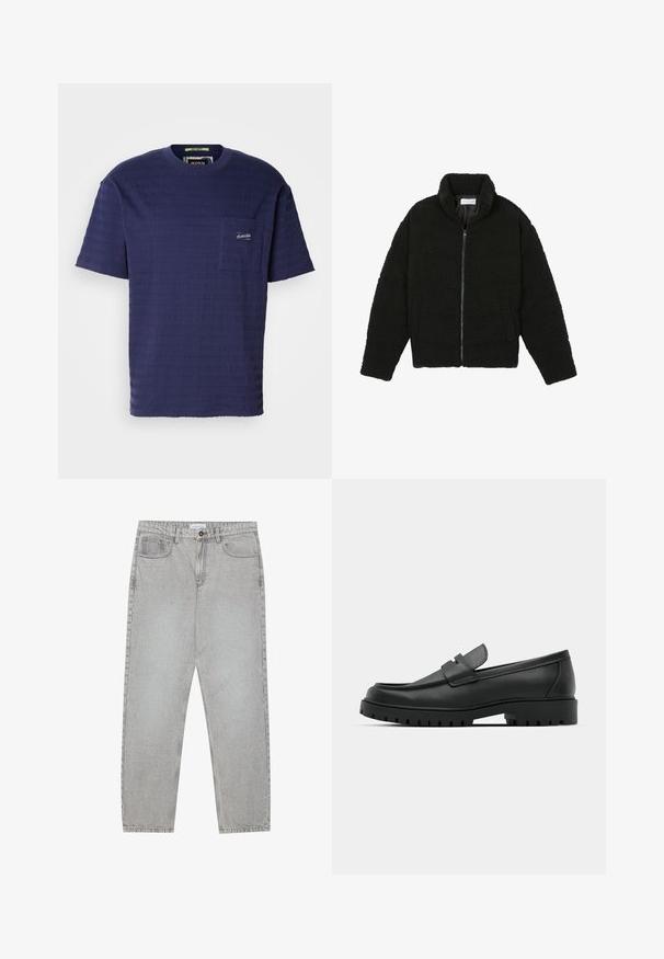 Must must karusnahast jakk kõrge kraega, lukuga sulgemine, elastsed varrukad ja tikandmuster. Omab küljetaskuid ja pehmet tekstuuri.; Tumedate sinine lühikeste varrukatega T-särk struktureeritud kangaga, millel on horisontaalsed triibud ja väike rinna tasku logoga.; Heledad hallide denimpüksid otse säärekujundusega, viie-taskulise stiliseerimise ja nupukinnitusega. Nähtav õmblus kõrvuti.; Mustad musta nahast loafers, millel on ümar varvas, tikandiga disain, madal platvorm-soon ja tekstureeritud, soonikkummist välistald.