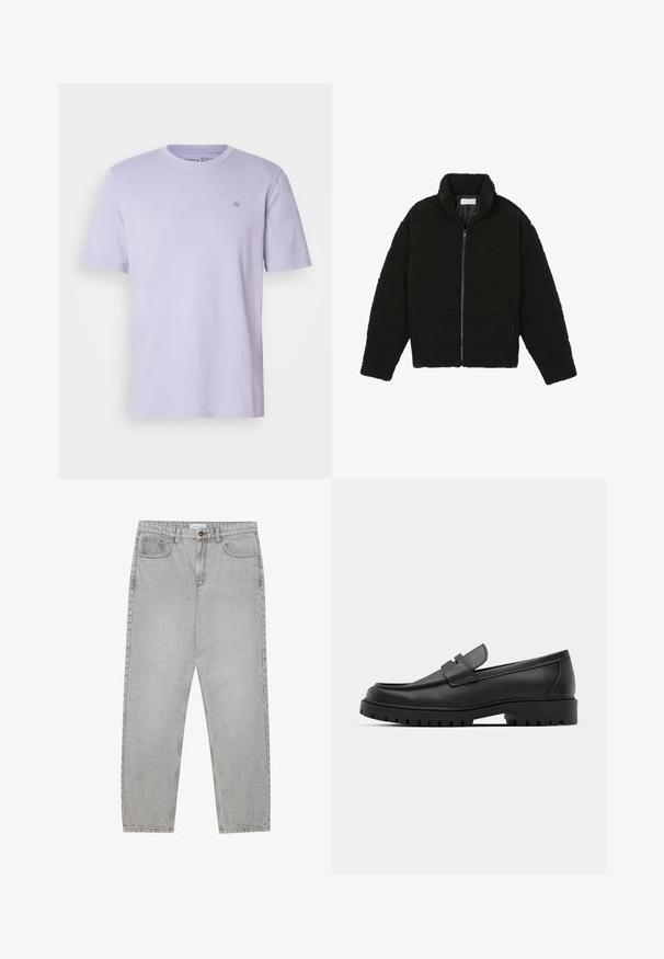 Must must karusnahast jakk kõrge kraega, lukuga sulgemine, elastsed varrukad ja tikandmuster. Omab küljetaskuid ja pehmet tekstuuri.; Hele lilla puuvillane T-särk, millel on ümar kaelus, lühikesed varrukad ja rinnal väike tikandiga logo. Pehme tekstuur ja tavaline lõige.; Heledad hallide denimpüksid otse säärekujundusega, viie-taskulise stiliseerimise ja nupukinnitusega. Nähtav õmblus kõrvuti.; Mustad musta nahast loafers, millel on ümar varvas, tikandiga disain, madal platvorm-soon ja tekstureeritud, soonikkummist välistald.