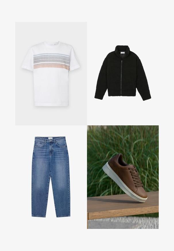 Svart fuskepelsjakke med høy krage, glidelås, elastiske mansjetter og quiltet design. Har sidelommer og en myk tekstur.; Hvit t-skjorte med korte ermer som har horisontale striper i lyseblått, grått og oransje. Designet har en standard passform med ribbestrikket hals.; Blå denim jeans med høy midje, rett bendesign og falmet finish. Har fem lommer og knappelukking.; Brune lærersneaker med hvit gummisåle, rund tå og brune lisser. Teksturert grep på sålen og glatt overflate på overdelen.