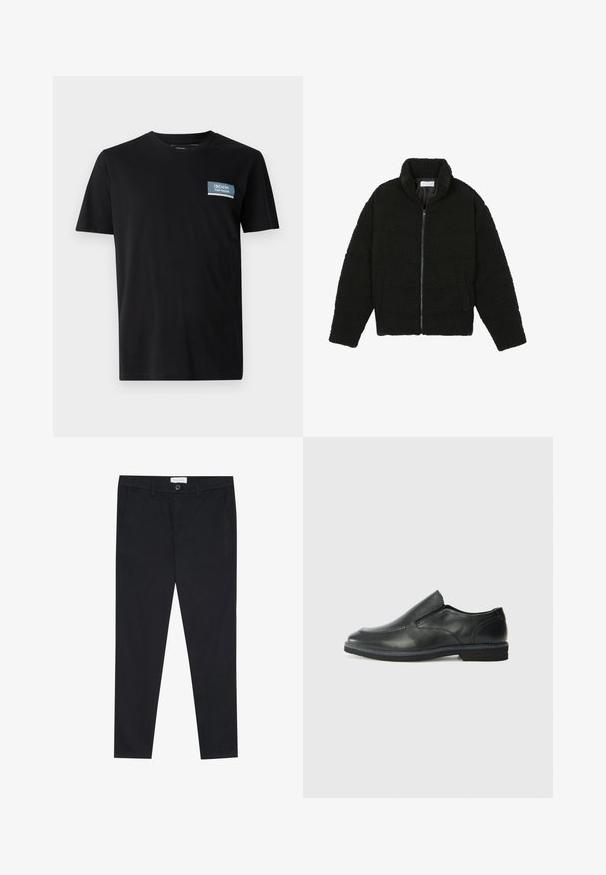 Czarna kurtka z faux futra z wysokim kołnierzem, zapięciem na zamek, elastycznymi mankietami i pikowanym wzorem. Posiada boczne kieszenie i miękką fakturę.; Czarny t-shirt z krótkim rękawem wykonany z miękkiego materiału, z niebieską prostokątną naszywką z napisem "DENIM TOM TAILOR" na lewej piersi.; Czarne spodnie o prostym kroju, wykonane z bawełnianej tkaniny. Posiadają dwie przednie kieszenie oraz zapięcie na guzik w talii.; Czarne skórzane buty wsuwane z gładką cholewką, przeszyciami, okrągłym noskiem i niskim gumowym obcasem. Podeszwa ma minimalny bieżnik.