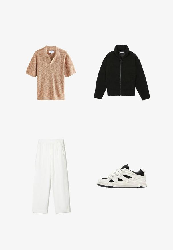 Veste en fausse fourrure noire avec un col haut, fermeture éclair, poignets élastiques et un design matelassé. Elle possède des poches latérales et une texture douce.; Pull à manches courtes en tricot marron clair texturé avec un col en V. Présente un motif diagonal sur l'ensemble.; Pantalons blancs à jambes larges en tissu texturé. Dotés d'une taille élastique et de deux poches latérales. Design décontracté et coupe ample.; Des chaussures de sport blanches et noires avec une semelle texturée, présentant des découpes sur les côtés et des lacets, ainsi qu'un dos rembourré pour le soutien.