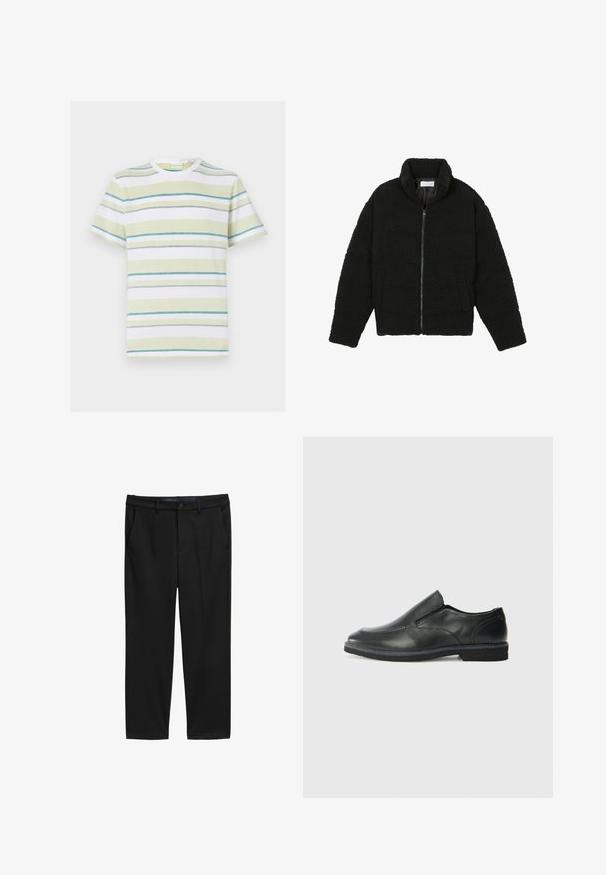 Chaqueta de pelaje sintético negro con cuello alto, cierre de cremallera, puños elásticos y un diseño acolchado. Cuenta con bolsillos laterales y una textura suave.; Camiseta de rayas en verde claro, blanco y azul. Cuello redondo, mangas cortas, tejido texturizado con rayas horizontales y un patrón sutil.; Pantalones negros de corte recto, hechos de una tela texturizada. Presenta dos bolsillos frontales y un cierre de botón en la cintura.; Zapato negro de cuero sin cordones con un upper suave, detalles de costura, punta redonda y un bajo tacón de goma. La suela presenta una tracción mínima.
