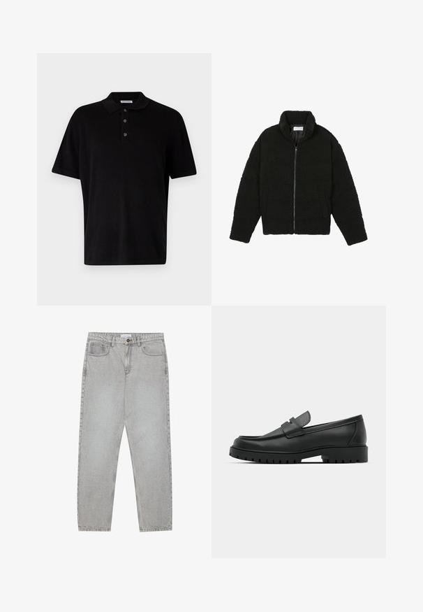 Černá umělá kožešinová bunda s vysokým límcem, zipovým uzávěrem, elastickými manžetami a prošívaným designem. Obsahuje postranní kapsy a jemnou texturu.; Černé polo tričko z jemného materiálu, s klasickým límcem, tříknoflíkovou légou a krátkým rukávem, navržené s normálním střihem.; Světlé šedé džíny s rovnými nohavicemi, pět kapsami a knoflíkovým zapínáním. Viditelné švy podél švů.; Černé kožené mokasíny s kulatou špičkou, zdobené prošitím, s nízkou platformou a texturovanou gumovou podrážkou s drážkováním.
