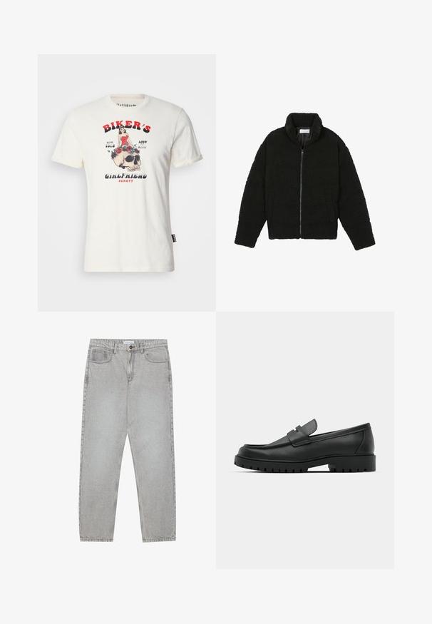 Melnā mākslīgā kažokādas jaka ar augstu apkakli, ar rāvējslēdzēju, elastīgām piedurknēm un kvadrātveida šuvēm. Iespējotas sānu kabatas un mīksta tekstūra.; Kremkrāsas kokvilnas T-krekls ar grafisku dizainu, kurā attēlots skelets un sieviete sarkanā kleitā, ko ieskauj rožu ziedi. Teksts ietver "Motociklistes draudzene".; Gai pelēko džinsu bikses ar taisnajām kājām, piecu kabatu stilu un pogu aizdari. Redzama šuvju apstrāde gar šuvēm.; Melnas ādas loafers ar noapaļotu purngalu, ar izšūtu dizainu, zemu platformas zoli un teksturētu, rievotu gumijas ārējo zoli.