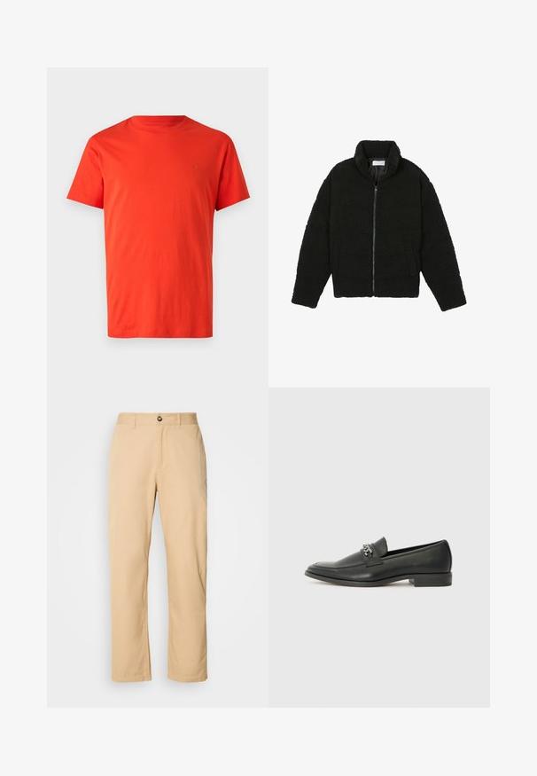 Black faux fur jacket with a high collar, zip closure, elastic cuffs, and a quilted design. Features side pockets and a soft texture.; Red cotton t-shirt with short sleeves, crew neck, and tone-on-tone logo detail on the left chest. Smooth texture and regular fit.; Khaki cotton trousers with a straight-leg design, featuring a front button closure and belt loops. Smooth texture and plain surface.; Black leather loafer with a smooth finish, featuring a stitched design and a decorative metal chain accent across the vamp. Flat heel.