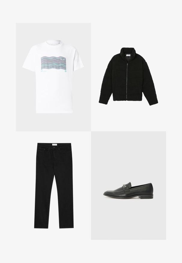 Melnā mākslīgā kažokādas jaka ar augstu apkakli, ar rāvējslēdzēju, elastīgām piedurknēm un kvadrātveida šuvēm. Iespējotas sānu kabatas un mīksta tekstūra.; Balts kokvilnas T-krekls ar daudzkrāsainu viļņu rakstu un uzrakstu "MIAMI" un "20-97", kas izdrukāts priekšpusē. Īsas piedurknes, apaļa kakla izgriezums.; Melni taisnie džinsi ar piecu kabatu dizainu, pogu un rāvējslēdzēja aizdari, un Pier One zīmola uzlīmi uz jostasvietas.; Melna ādas loafer izmēra apavi ar gludu virsmu, piedāvā ar šūtu dizainu un dekoratīvu metāla ķēdes akcentu pār vampu. Plakana papēža daļa.