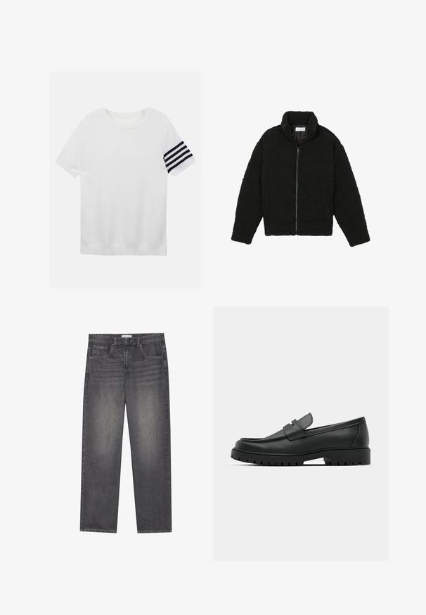 Chaqueta de pelaje sintético negro con cuello alto, cierre de cremallera, puños elásticos y un diseño acolchado. Cuenta con bolsillos laterales y una textura suave.; Camiseta de punto blanca de manga corta con textura acanalada y detalle de franja negra en la manga izquierda. Cuello redondo, corte relajado.; Jeans de mezclilla gris oscuro con corte recto, que cuentan con cinco bolsillos, un cierre frontal con botón y un ligero desgastado en la tela.; Mocasines de cuero negro con punta redonda, que cuentan con un diseño cosido, suela de plataforma baja y una suela de goma texturada y con tacos.
