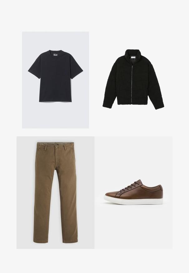 Svart fuskepelsjakke med høy krage, glidelås, elastiske mansjetter og quiltet design. Har sidelommer og en myk tekstur.; Svart bomull T-skjorte med klassisk rund hals, korte ermer, og en avslappet passform. Glatt tekstur med minimale stikking detaljer.; Khaki bomullbukser med rett ben-design, med knappelukking, to frontlommer og en glatt tekstur.; Brune lær-sneakers med rund tå, hvid gummisål og fem snørebåndshuller. Har subtil branding på hælen.