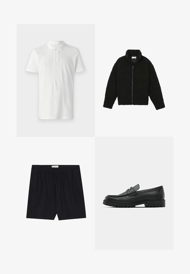 Fekete műszőrme dzseki magas gallérral, cipzáros záródással, rugalmas mandzsettákkal és steppelt mintázattal. Oldalsó zsebekkel rendelkezik, és puha tapintású.; Fehér pólóing, pamutból készült, galléros nyakkal, három gombbal és rövidujjú kivitelben. Diszkrét logó található a mellkasán.; Fekete, elasztikus derékú rövidnadrág zsinórral, sima felülettel és egyenes szabással, alkalmas hétköznapi viseletre.; Fekete bőr loafer cipők kerek orral, varrott mintázattal, alacsony platformtalpú és texturált, barázdált gumitalppal.