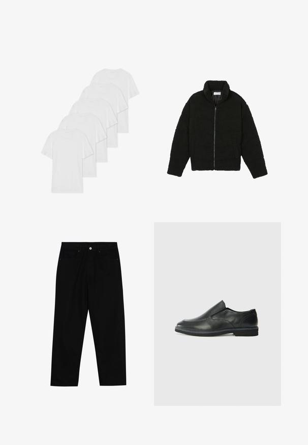 Sort faux fur jakke med høj krave, lynlås lukning, elastiske ærmer og et quiltet design. Har sidelommer og en blød tekstur.; Seks hvide bomulds T-shirts med korte ærmer og rund hals, arrangeret i en række, med en glat tekstur og uden synlige mønstre.; Sorte denimbukser med lige ben, fem lomme-design og knaplukning foran. Glat tekstur med minimale syninger.; Sorte læder slip-on sko med en glat overdel, syede detaljer, rund tå og en lav gummihæl. Sålen har minimal profil.