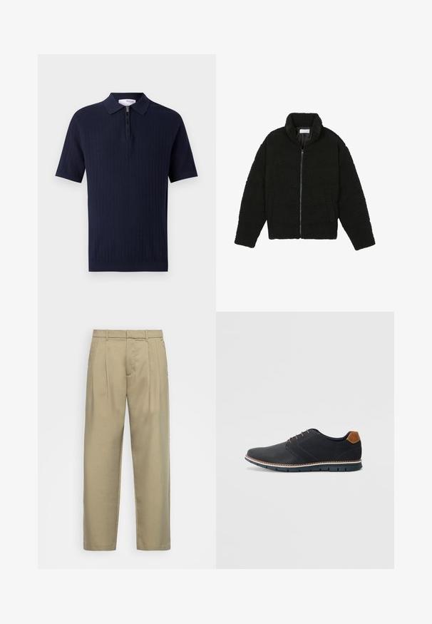 Svart fuskepelsjakke med høy krage, glidelås, elastiske mansjetter og quiltet design. Har sidelommer og en myk tekstur.; Mørkeblå kortermet polo med et strukturert ribbestrikket design og halv glidelås. Har en klassisk krage og glatt stoff.; Beige, høytlivs bukser med rett snitt, med flat front, sidelommer og et jevnt, strukturert stoff.; Sorte syntetiske sko med en teksturert overdel, glatte detaljer, brun hæl og en kontrastfarge på sålen. Har minimalt snøring og sømdetaljer.