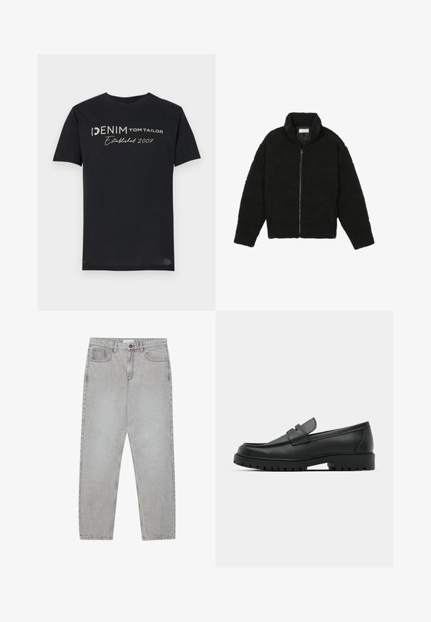 Casaco de pelo sintético preto com gola alta, fecho de zip, punhos elásticos e um design acolchoado. Apresenta bolsos laterais e uma textura suave.; T-shirt de algodão preta com a inscrição "DENIM TOM TAILOR Established 2007" em letras brancas e cinzas, gola redonda e mangas curtas.; Calças de ganga cinza claro com um design de perna reta, estilo de cinco bolsos e fecho com botão. Costura visível ao longo das costuras.; Sapatilhas de couro preto com bico arredondado, apresentando um design cosido, sola de plataforma baixa e um solado de borracha texturizado e com cravos.