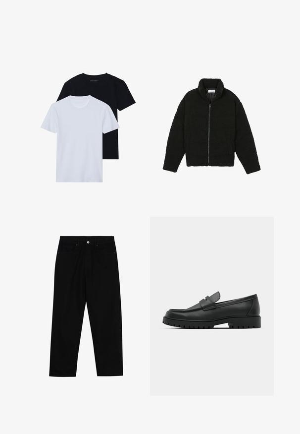 Fekete műszőrme dzseki magas gallérral, cipzáros záródással, rugalmas mandzsettákkal és steppelt mintázattal. Oldalsó zsebekkel rendelkezik, és puha tapintású.; Két rövid ujjú, kerek nyakú póló, egy fekete és egy fehér, puha pamut anyagból készült, bordázott textúrával. Klasszikus fazon.; Fekete farmernadrág, egyenes szabással, öt zsebből álló dizájnnal és elülső gombos záródással. Simább felület minimális varrási részletekkel.; Fekete bőr loafer cipők kerek orral, varrott mintázattal, alacsony platformtalpú és texturált, barázdált gumitalppal.