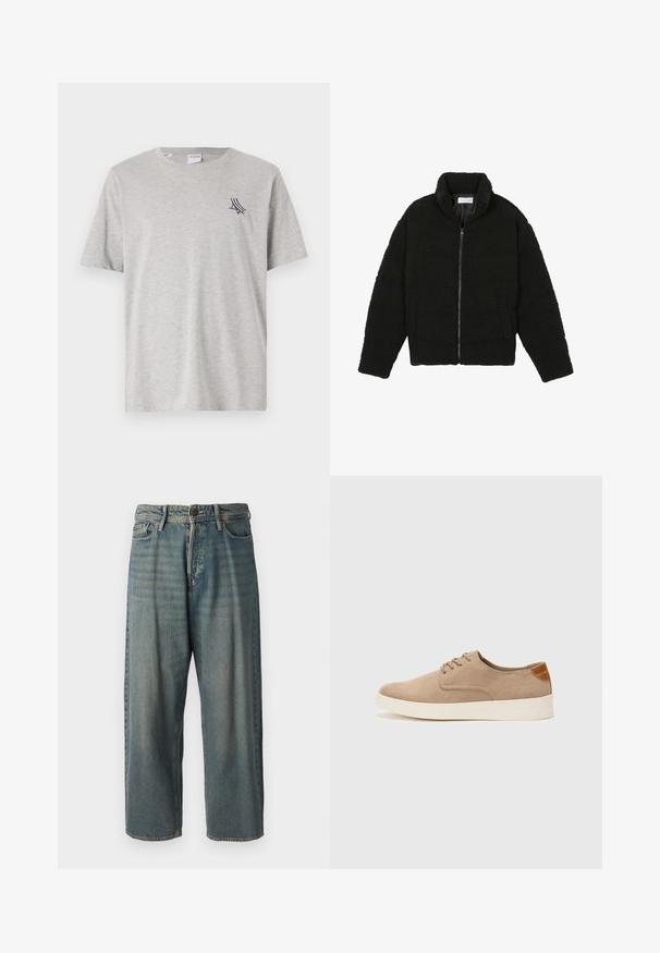 Fekete műszőrme dzseki magas gallérral, cipzáros záródással, rugalmas mandzsettákkal és steppelt mintázattal. Oldalsó zsebekkel rendelkezik, és puha tapintású.; Szürke pamut póló, kerek nyakkivágással, rövid ujjakkal és tengerészkék grafikával a bal mellrészen. Puha tapintású és laza szabású.; Világoskék farmernadrág, laza fazonnal, közepes derékbőséggel és egyenes szárral. Öt zsebet, övbucskát és gombos záródást tartalmaz.; Beige velúr sportcipő, kerek orral, fűzős elülső résszel és textúrált hátsó részlettel. Fehér gumitalp kontrasztot ad. Egyszerű és modern design.