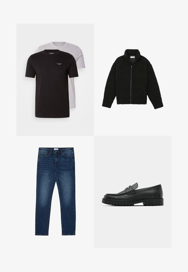 Juoda dirbtinė kailio striukė su aukštu apykakle, užtrauktuku, elastingomis rankovėmis ir siuvinėtu raštu. Su šoninėmis kišenėmis ir švelnia tekstūra.; Du nesandėlių trumpomis rankovėmis marškiniai juodos ir šviesiai pilkos spalvos, pagaminti iš medvilnės, su apykakle ir mažuoju logotipu krūtinėje.; Tamsiai mėlyni siauri džinsai su blukimo detalėmis, klasikinis penkių kišenių dizainas, mygtuko užsegimas ir diržo kilpos.; Juodi odiniai loaferiai su apvalia nosimi, su siuvinėtu dizainu, žemu platformos padu ir tekstūruotu, sukibimo raštu padu.