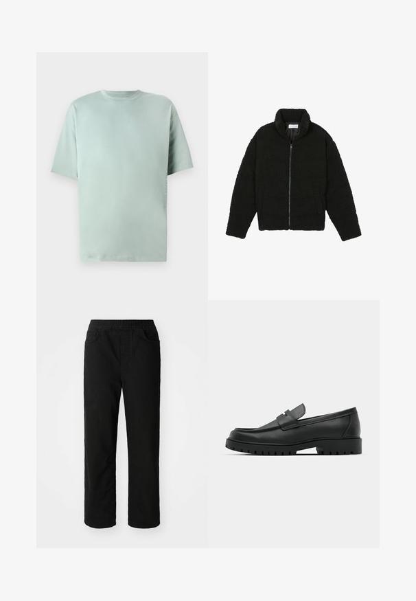 Casaco de pelo sintético preto com gola alta, fecho de zip, punhos elásticos e um design acolchoado. Apresenta bolsos laterais e uma textura suave.; T-shirt de algodão verde-claro com gola redonda, mangas curtas e um corte descontraído. Apresenta um detalhe impresso discreto na lateral.; Calças de algodão pretas com um corte descontraído, cintura elástica, dois bolsos frontais e pernas retas. Textura suave sem padrões visíveis.; Sapatilhas de couro preto com bico arredondado, apresentando um design cosido, sola de plataforma baixa e um solado de borracha texturizado e com cravos.
