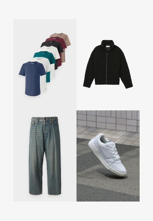 Czarna kurtka z faux futra z wysokim kołnierzem, zapięciem na zamek, elastycznymi mankietami i pikowanym wzorem. Posiada boczne kieszenie i miękką fakturę.; Siedem bawełnianych koszulek w różnych kolorach: granatowym, turkusowym, białym, czarnym, bordowym, szarym i brązowym. Każda ma okrągły dekolt i krótkie rękawy.; Jasnoniebieskie dżinsy o luźnym kroju, średnim stanie i prostych nogawkach. Posiadają pięć kieszeni, szlufki na pasek oraz zapięcie na guzik.; Białe skórzane trampki z perforowanymi bokami, teksturowanymi akcentami, płaskimi sznurowadłami i kontrastującym szarym obcasem. Posiadają lekko podniesioną podeszwę.