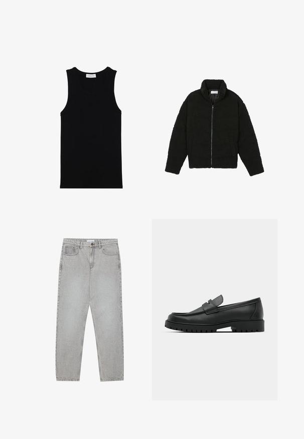 Juoda dirbtinė kailio striukė su aukštu apykakle, užtrauktuku, elastingomis rankovėmis ir siuvinėtu raštu. Su šoninėmis kišenėmis ir švelnia tekstūra.; Juodas šonkaulinis liemenėlės tipo marškinėliai be rankovių, apvaliu kaklu ir lygia tekstūra. Etiketėje šalia kaklo rašoma "PIER ONE".; Šviesiai pilki džinsai su tiesiu kirpimu, penkiais kišenėmis ir mygtuko uždarymu. Matoma siuvimo linija palei siūles.; Juodi odiniai loaferiai su apvalia nosimi, su siuvinėtu dizainu, žemu platformos padu ir tekstūruotu, sukibimo raštu padu.